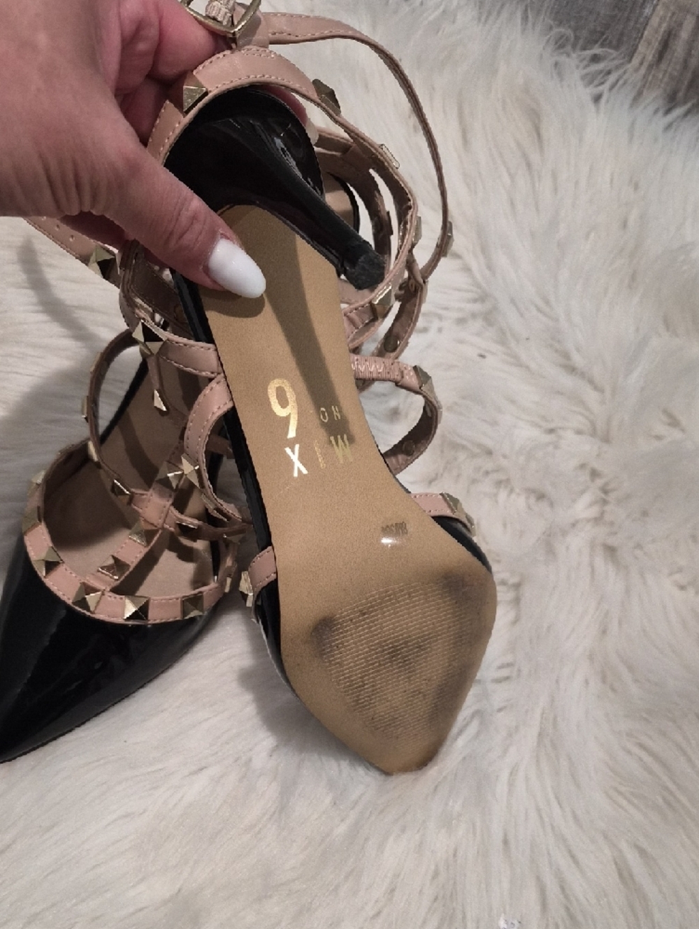 Mix No. 6 Black Patent Pointed-Toe Heels with Nude Studded Straps - Picture 4 of 6